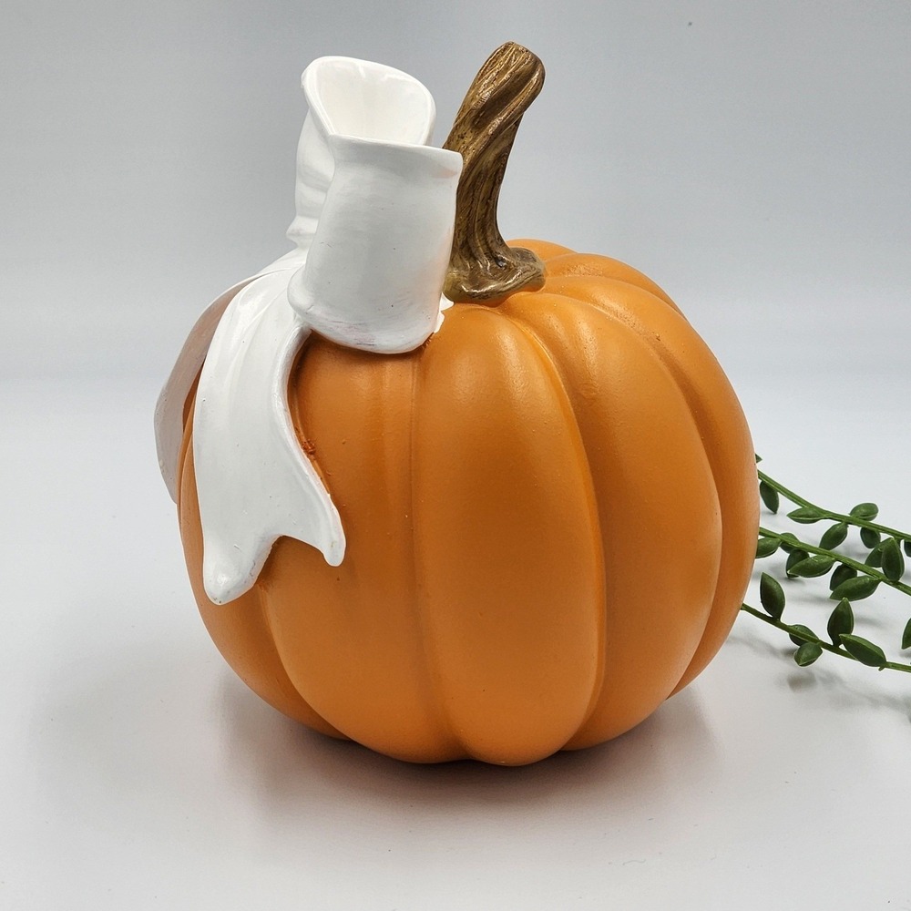 Orange Pumpkin White Bow Resin Figure Fall Halloween Thanksgiving 6"x5" Tabletop - Picture 2 of 5